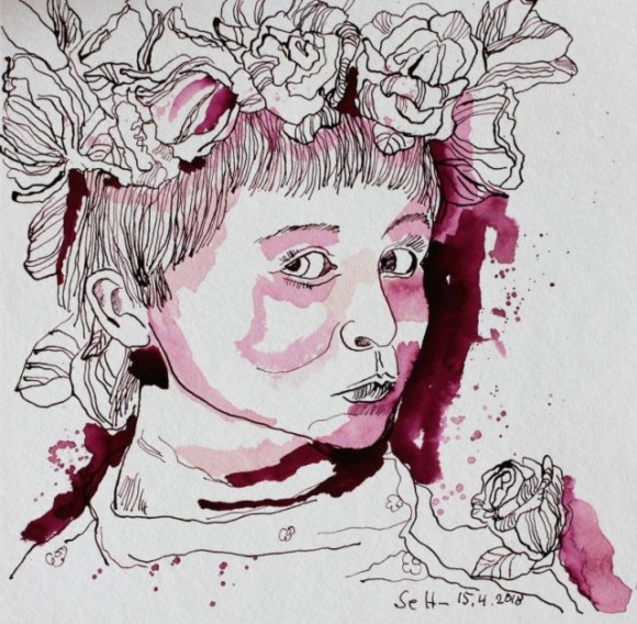 Mädchem mit Blumen im Haar - 25 x 25 cm - Tusche auf Hahnemuehle Burgund - Version 1 (c) Zeichnung von Susanne Haun
