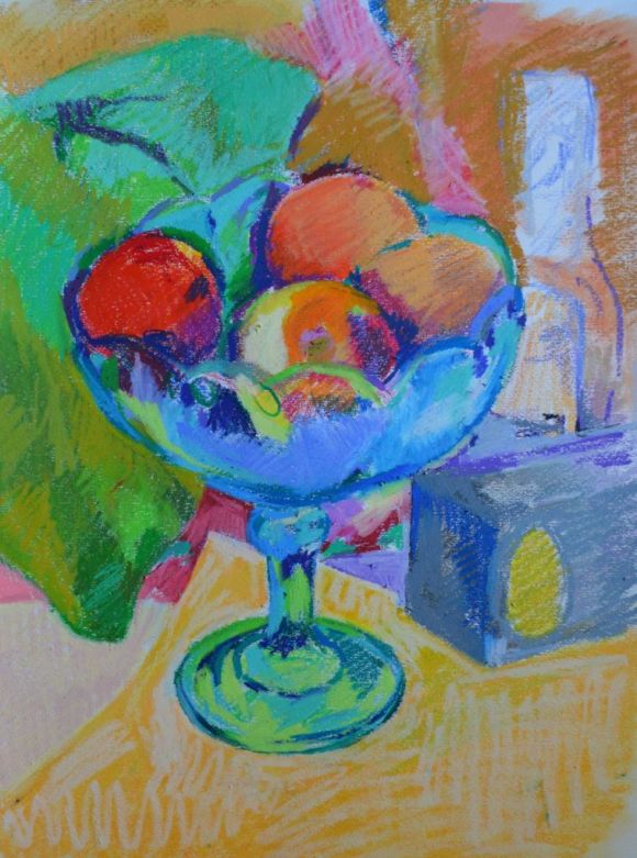 Blue Compotier Still Life No 1 by Aletha Kuschan, neopastel on pastel paper with additional reworkings. 